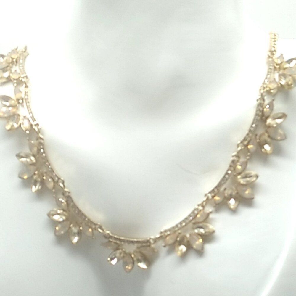 Gold-tone Bib Necklace with Pave Crystal Bars and Rhinestone Flowers NWOT